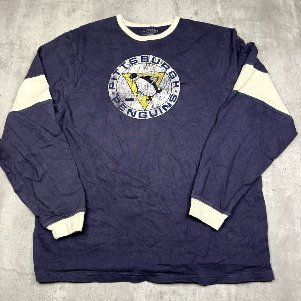 Old Time Hockey Y2K Pittsburgh Penguins Long Sleeve Shirt Ringer Blue Size L